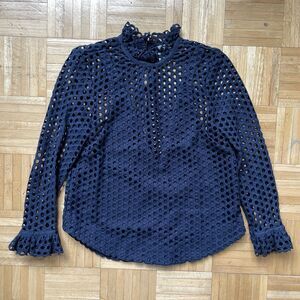 Sea New York Eyelet Blouse Size 2 Knit Navy Blue Long Sleeve Lace Bohemian